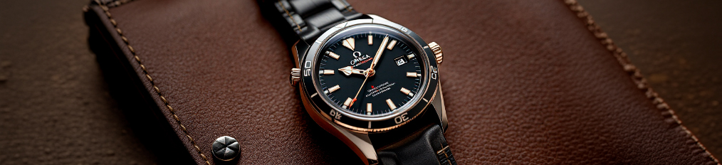 Montre Omega de luxe photographiée sur cuir — bannière Studio Emergence